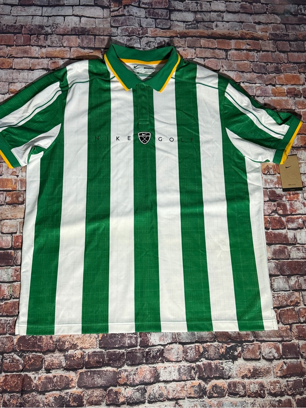 Nike Green, White & Yellow Striped Golf Polo